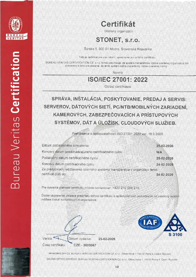 Certifikát ISO/IEC 27001:2022 spoločnosti Stonet